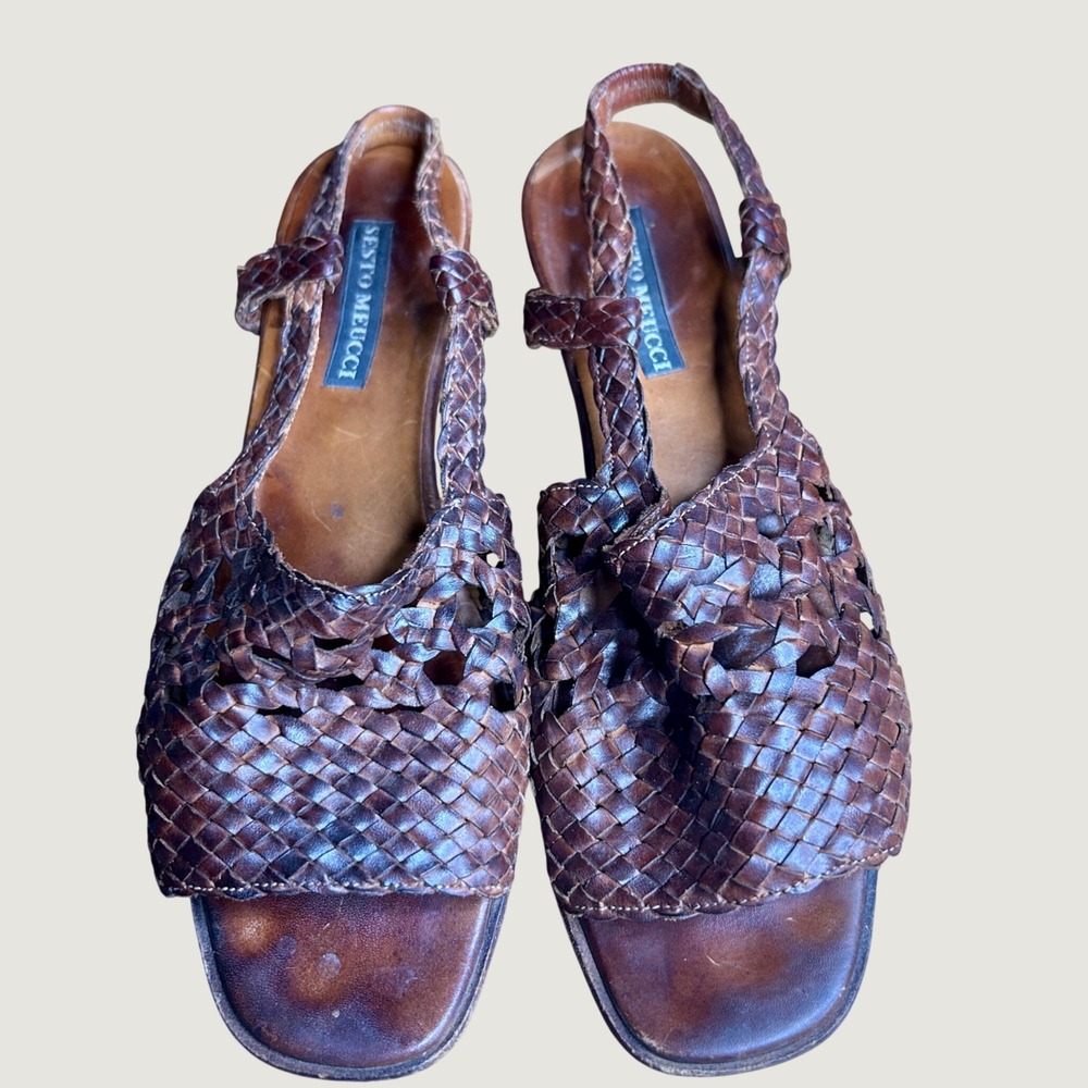 Sesto Meucci Woven Sandals Wmn 8.5 Brown Leather Slingback Huarache vintage 90s